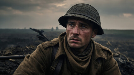 A soldier in world war stares intensely over the battlefield from a trench with the war raging.