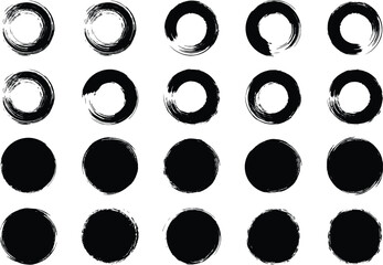 Set of round grunge circles shapes on a white background. Grunge round shapes. Circle grunge stamp. Black stamp for grunge badge, seal, ink and stamp design template.