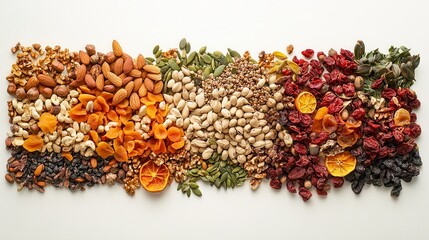A vibrant tableau of nature s bounty, showcasing an artful arrangement of nuts, seeds, and dried fruits, each a testament to the nutritional power of wholesome foods, presented against a pristine
