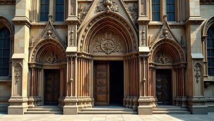 Obraz premium A Majestic Entrance Ornate Architectural Details of a Grand Building's Entrance with Intricate Stone Carvings and Imposing Wooden Doors