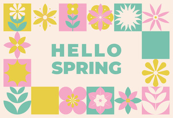Naklejka premium Hello Spring Banner in Geometric style wit flowers, plants. Vector template in naive style.