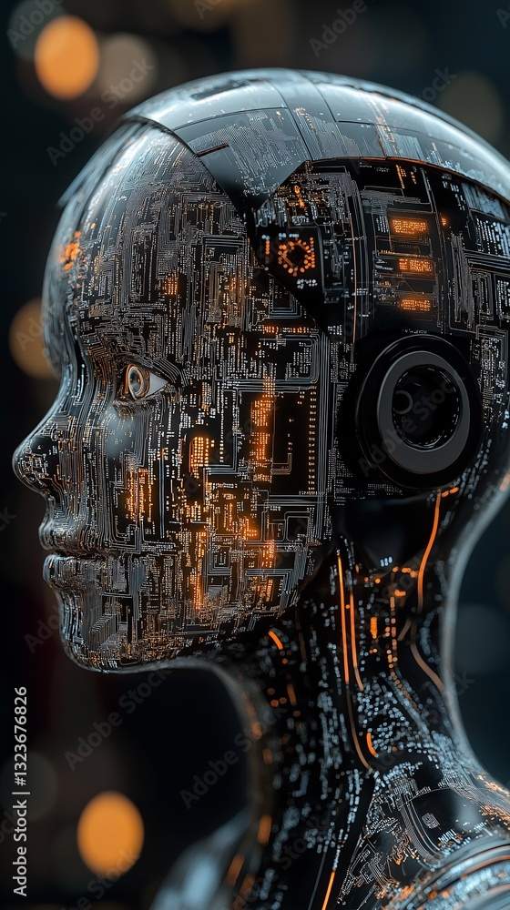Poster a humanoid robot's head with glowing circuits visible through the transparent skin.