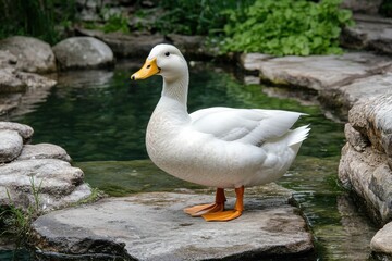 White Pekin Duck in Natural Agriculture Setting by the Pond