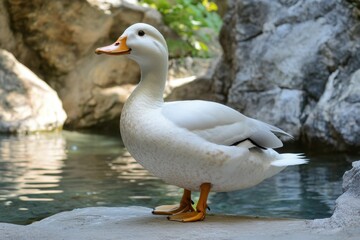 White Pekin Duck in Natural Park Setting Standing by Pond in Summer