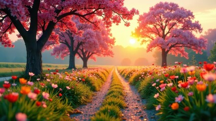 Serene Pathway Through a Field of Blossoms at Sunset, Adorned with Vibrant Spring Flowers and Majestic Trees