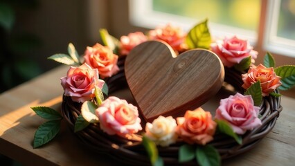 Obraz premium Wooden heart nestled in a delicate rose wreath bathed in sunlight