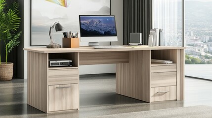 A spacious work desk with multiple drawers for office supplies.