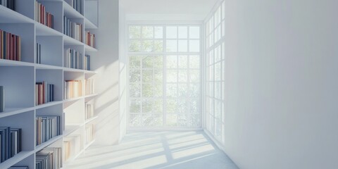 Obraz premium Sunlit room with white bookcase and large window.