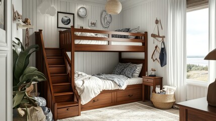 A sturdy wooden bunk bed in a children's bedroom.