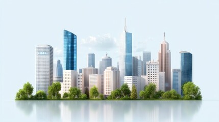 Obraz premium Modern city skyline with green park, reflecting on water, isolated on white background.