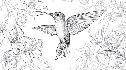 Hummingbird hovering amidst blossoms, floral background, nature illustration, design element