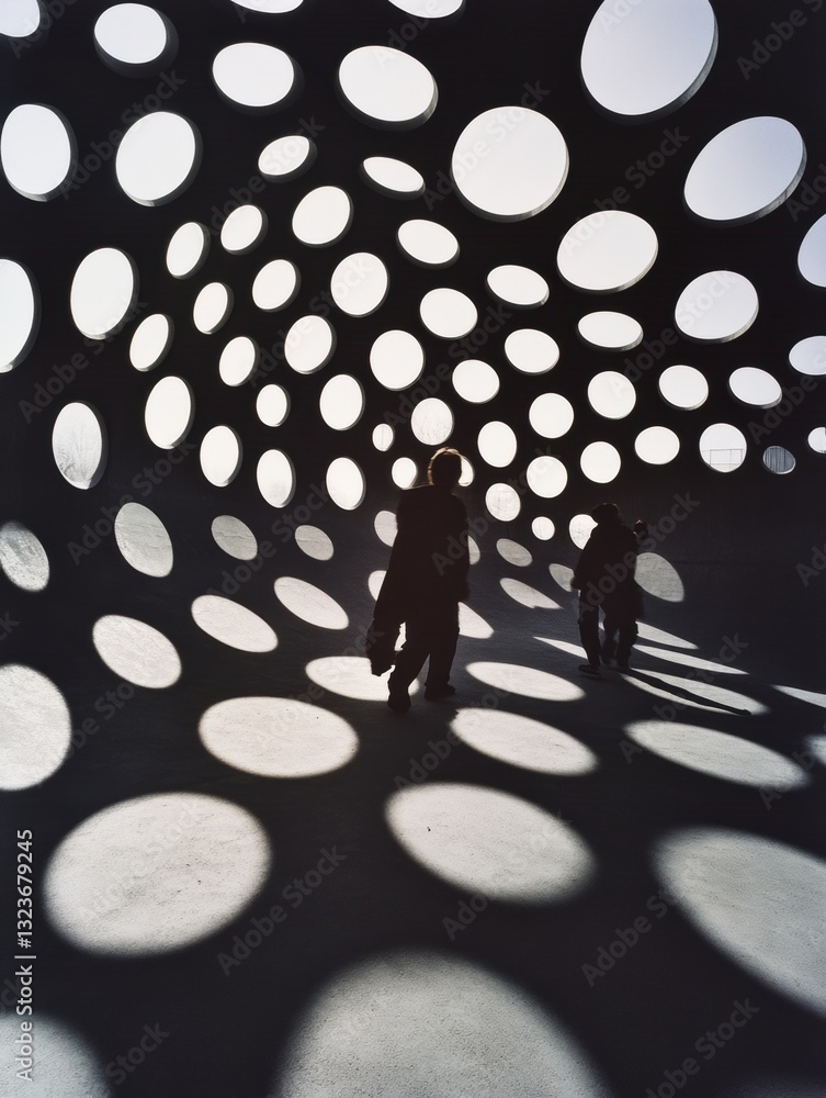Poster Immersive Geometric Shadow Play Innovative Design Experience Exploring Human-Space Interaction with Minimalist Black and White Dimensional Aesthetic