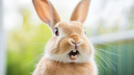 Obraz premium Playful rabbit in sunny garden, fluffy orange fur, ears perked up, charming expression, perfect for pet care themes.