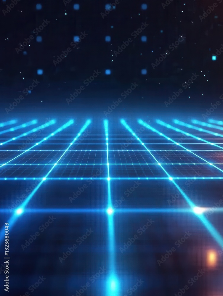 Poster futuristic grid illuminated by holographic effects with a focus point highlighted for text placement