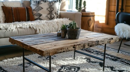 A stylish pallet wood coffee table with metal legs in a chic living room.