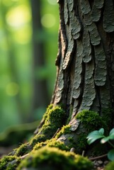 Obraz premium Close-up of textured tree bark covered in vibrant green moss, sunlight filtering through the forest