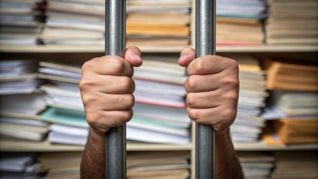 Criminal Law Restrictions concept. Hands gripping bars in front of a background of stacked papers.