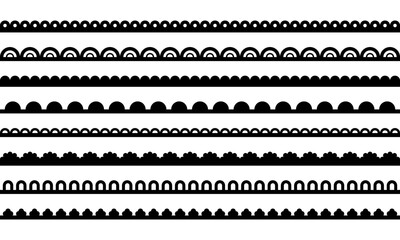 Lace edge border. Scallop on fabric frill. Vector set with embroidery ornament isolated on white background.