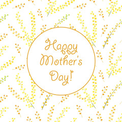 Mothers day greeting card. Watercolor square gift card with delicate mimosa flowers ornament on background illustration for mothers day gift