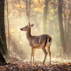 A young deer standing in a sunlit forest clearing, bathed in golden light, symbolizing nature’s serenity and wildlife beauty. Generative AI.