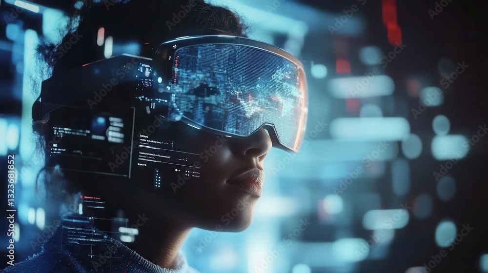 Poster mixed reality environment showcasing augmented reality user interface elements and holographic textu