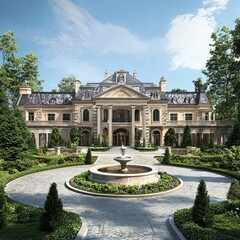 Obraz premium Grand mansion with illuminated windows and a fountain in the front yard, representing luxury, wealth, and classic architecture. Generative AI.