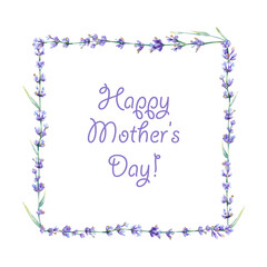Mothers day greeting card. Watercolor square gift card with lavender flowers delicate wreath, frame illustration for mothers day gift