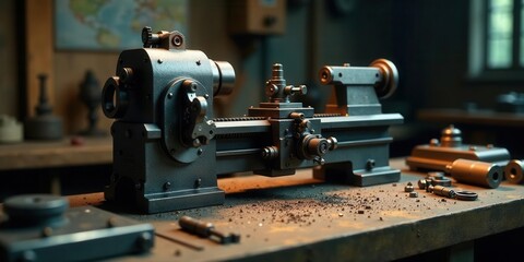 Fototapeta premium A Vintage Metalworking Lathe Rests on a Dusty Workbench in a Well-Used Workshop