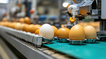 Pig farm, Eggs on a conveyor belt in a processing facility.
