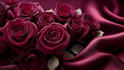 Obraz premium Romantic and opulent roses in deep shades of burgundy, beautifully set against a soft, rich velvet background, creating a luxurious and timeless aesthetic