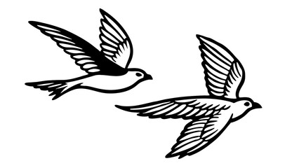 Fototapeta premium Two Graceful Swallows In Flight, Soaring Freely Against A Stark White Background, A Bold Black Ink Style Capturing Their Elegance And Freedom