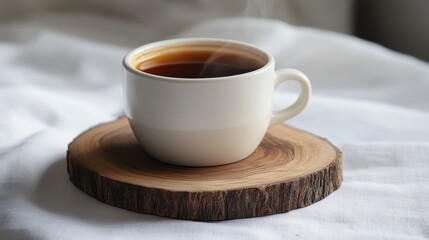 A steaming cup of freshly brewed coffee, its amber liquid swirling invitingly, rests on a rustic wooden coaster against a pristine white backdrop, creating a scene of cozy contentment and inviting