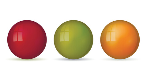 Set with glass colorful balls. Glossy realistic ball, 3D abstract vector illustration highlighted on a white background. Big metal bubble with shadow.