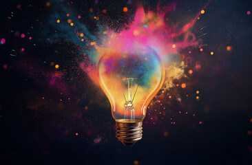 A creative light bulb explosion with vibrant sparks and swirling smoke, symbolizing innovation and breakthrough ideas, captured in cinematic HDR with soft shadows
