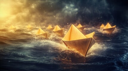 Obraz premium Surreal business concept artwork of a paper boat navigating golden light away from a stormy sea filled with identical boats