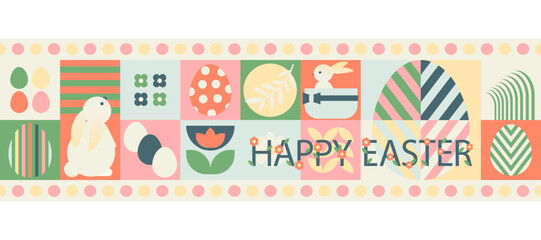 Fototapeta premium Happy Easter day geometric abstract seamless background with bunny, Easter egg, flowers, text. Trendy horizontal vector illustration for banner, poster, cover, header of website