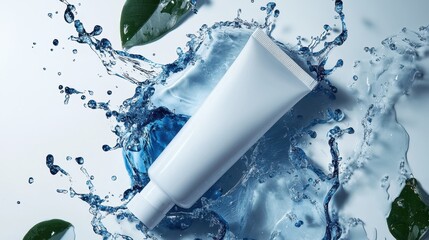 A sleek white tube, adorned with a bold blue splash effect, embodies modern minimalist skincare aesthetics, promising efficacy and sophistication.