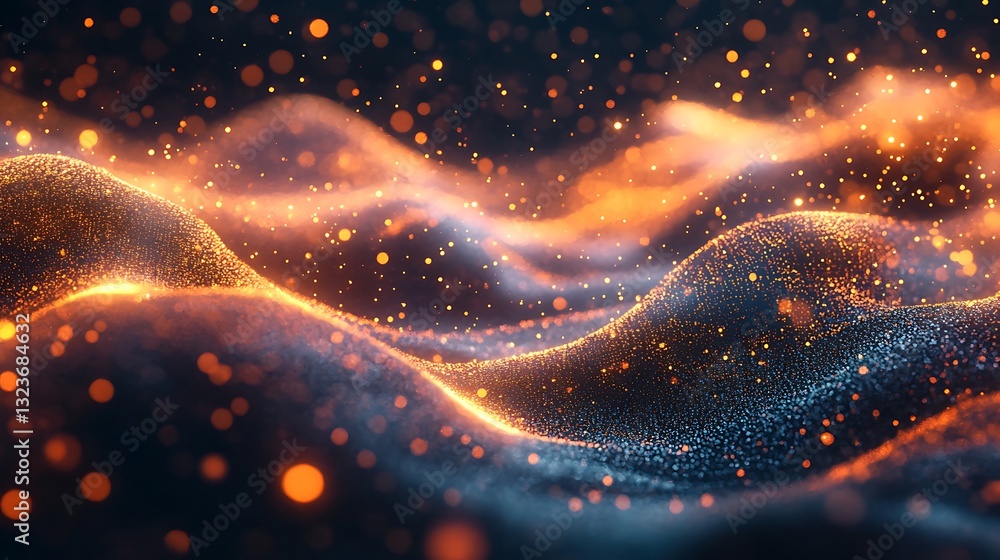 Poster abstract wavy particles background with golden bokeh: modern digital art for presentations and desig