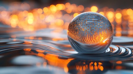 A close-up of a liquid sphere with molecules suspended in motion, with an illuminated DNA backdrop