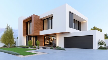 Modern Two Story House with White and Wood Exterior