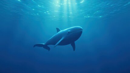 Obraz premium A large whale swims gracefully in the deep blue ocean, surrounded by tranquil waters. Sunlight streams down from the surface, creating a serene atmosphere