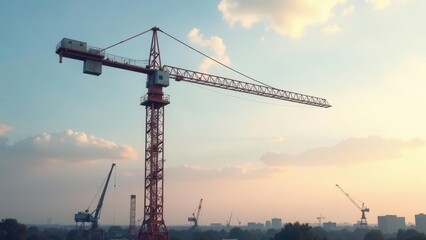 Construction Cranes at Sunset Over Urban Skyline A Stunning Visual of Modern Development