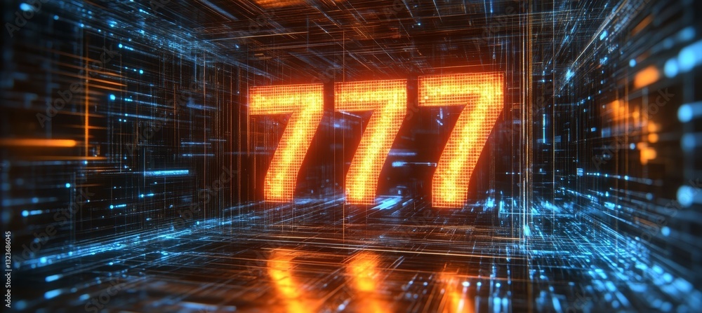 Poster glowing digital number 777 in a futuristic technological space on an abstract background