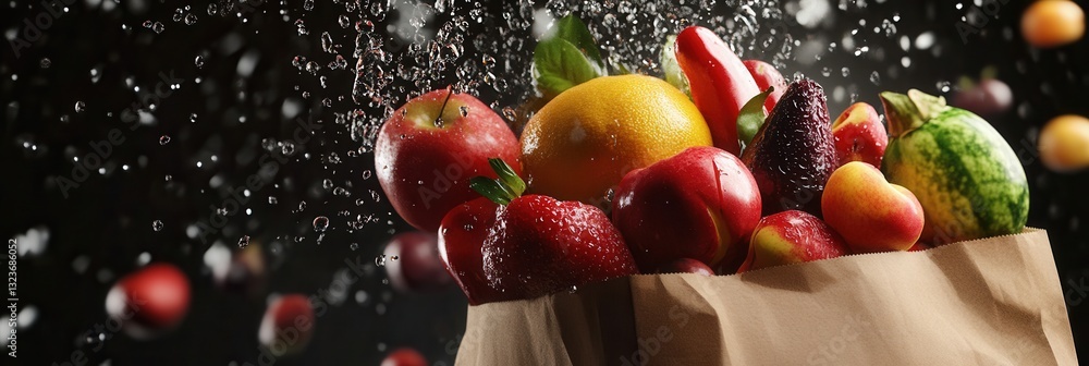Aufkleber fresh fruits and vegetables tumble from a paper grocery bag in dramatic lighting during a dynamic sl