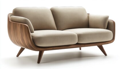 A sleek, two-seater sofa crafted from natural wood, its plush fabric upholstered in a neutral hue, perfect for adding a touch of elegance and sophistication to any modern living room.