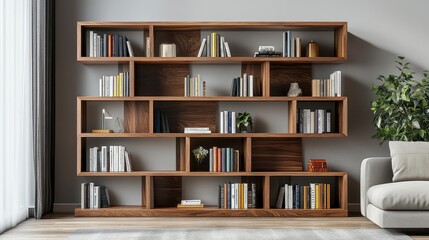 A sleek, handcrafted wooden bookshelf, its multiple shelves meticulously arranged in a timeless design, seamlessly blends into both modern and traditional interiors, offering a perfect solution for