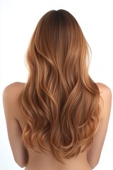 Fototapeta premium A person stands with their back to the viewer, displaying long, wavy hair that flows down to the mid-back, illuminated by a bright, neutral background
