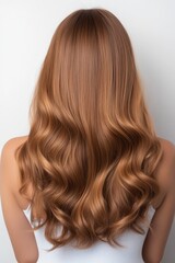 Naklejka premium Soft and voluminous wavy hair cascades down, showcasing a rich chestnut color. The hair flows elegantly, creating a classic and polished look on a plain backdrop