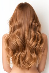Fototapeta premium Long, wavy hair in a beautiful shade of auburn flows gently down the back, set against a smooth, neutral-colored backdrop, highlighting the hair's texture and volume