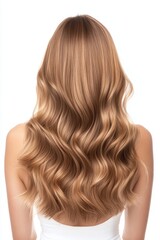 Naklejka premium Warm blonde hair cascades in soft waves reaching mid-back, illuminated against a plain background. The smooth texture enhances the natural shine